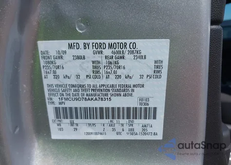 2010 Ford Escape Xlt из США, поврежденный, VIN 1FMCU9D78AKA78315